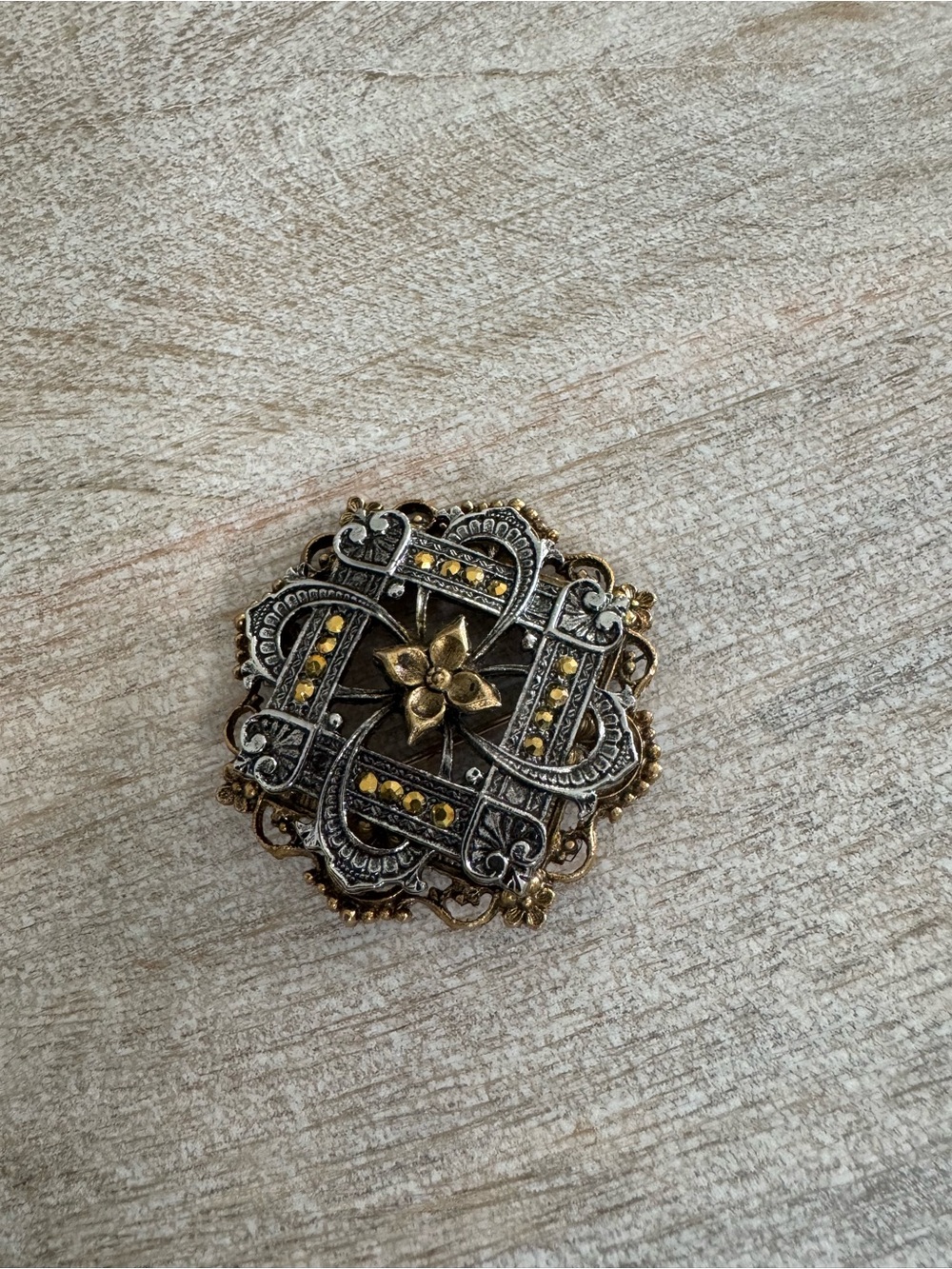 Antique-Style Gold and Silver Filigree Flower Brooch